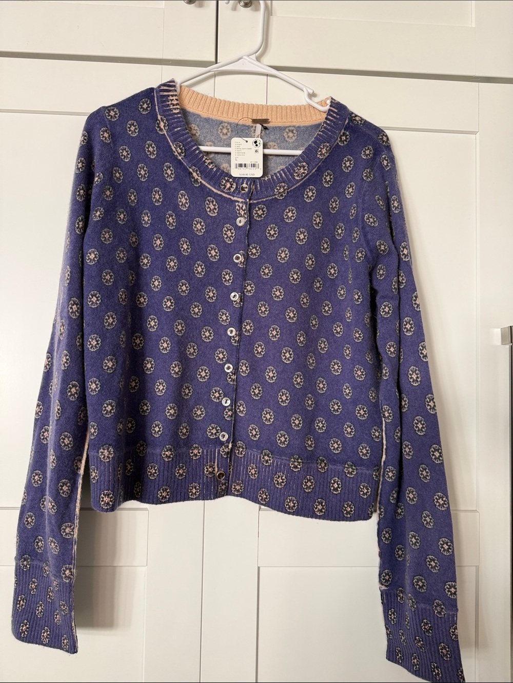 Free People Purple Floral Dot Button-Up Cardigan with Cream Trim